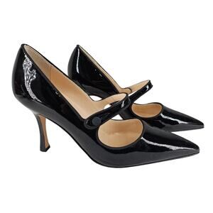 MANOLO BLAHNIK WOMEN'S CAMPARI MARY JANE 3" HEEL PUMPS BLACK PATENT SIZE 6.5